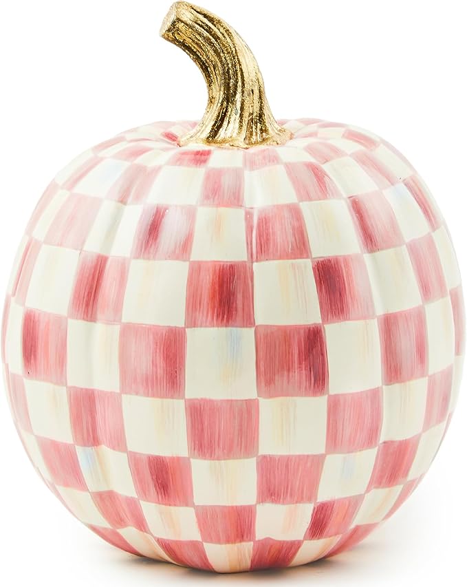 MACKENZIE-CHILDS Small Pumpkin, Resin Halloween Home Decor, Pink-and-White Bubblegum Pink Check