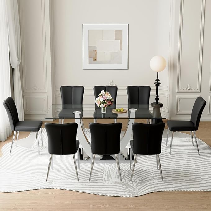 Glass Dining Room Table Set for 8,Kitchen Table Set with 8 PU Leather Chairs,71'' Tempered Glass Dining Table Set with Silver U-Shaped Table Legs and Rectangular Base