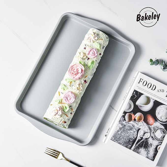 Bakeley 15-Inch Baking Sheet Pan, Non-Stick Jelly Roll Aluminum Naturally Slick Ceramic Coating Rimmed Cookie Sheet Pan for Oven Roasting Meat Bread - 15" x 10"