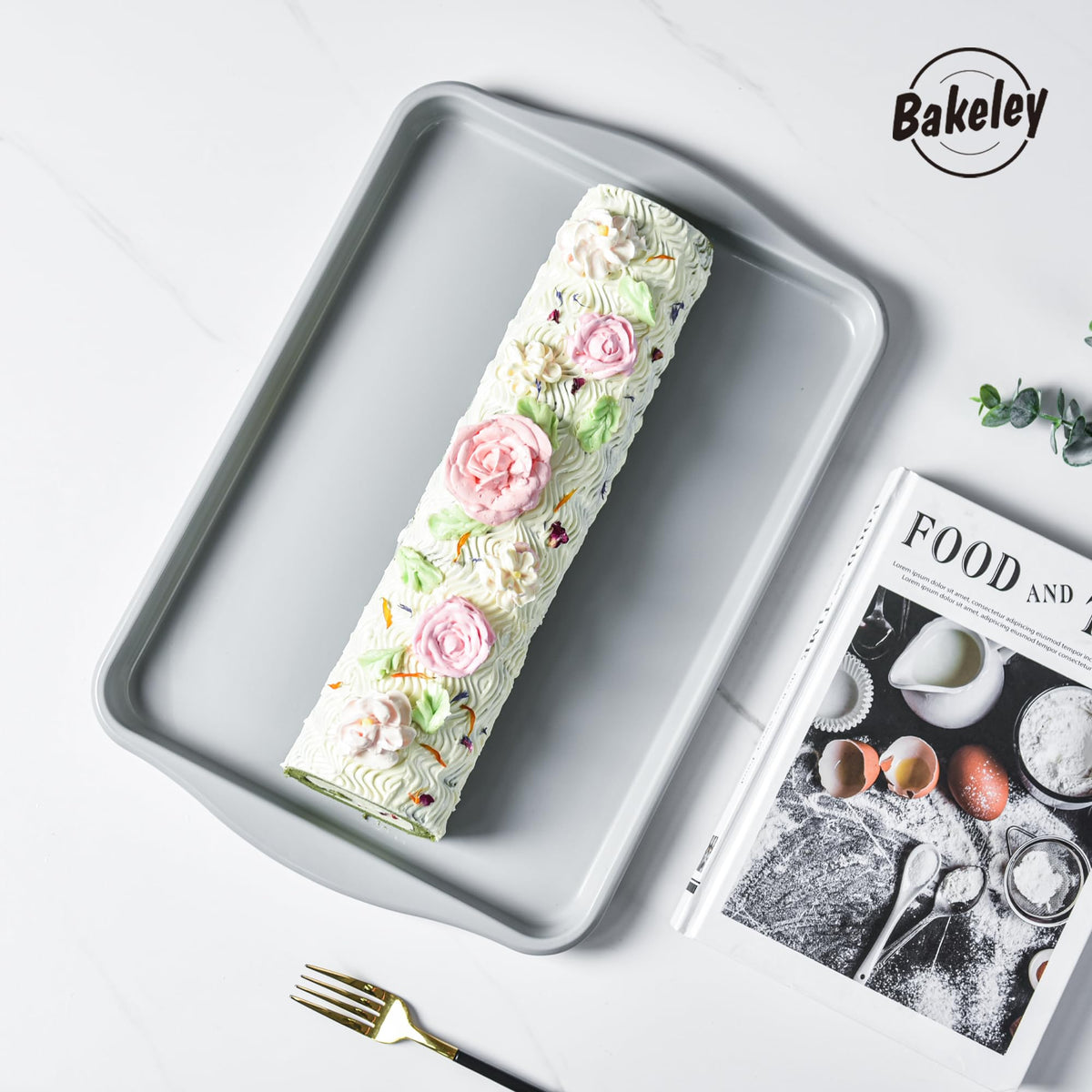 Bakeley 15-Inch Baking Sheet Pan, Non-Stick Jelly Roll Aluminum Naturally Slick Ceramic Coating Rimmed Cookie Sheet Pan for Oven Roasting Meat Bread - 15" x 10"