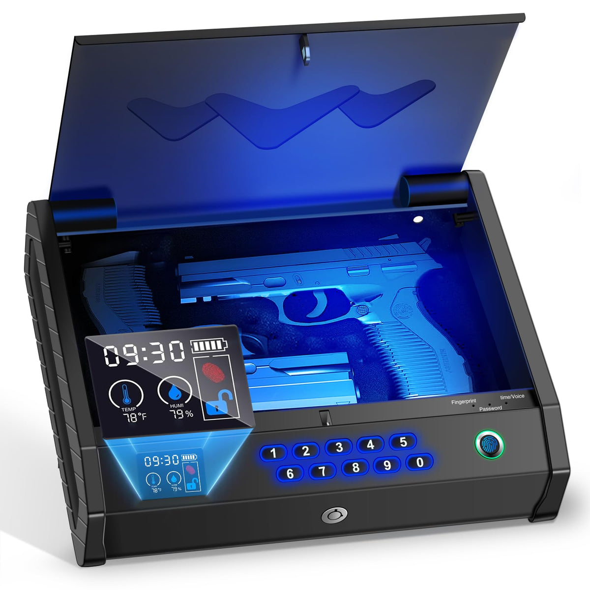 MOLICAR Gun Safe, Biometric Gun Safes for Handgun with LCD of Temp Humidity Battery, USB-C Port, Fingerprint Quick Access Pistol Safe for Home Bedside Nightstand Car