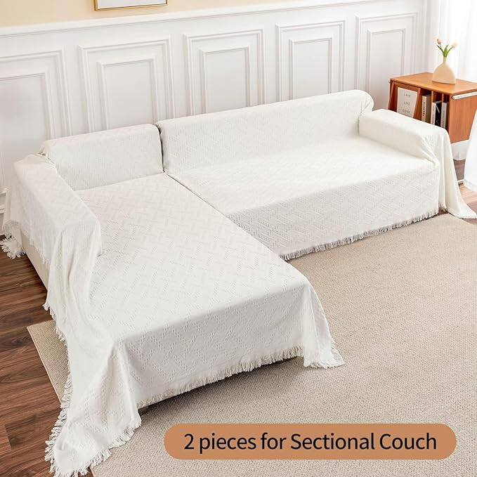 Deep Dream Sectional Couch Cover - Geometrical Jacquard Fabric Sofa Cover for 3 Cushion Couch, Dogs - Medium, 71" x 91", White