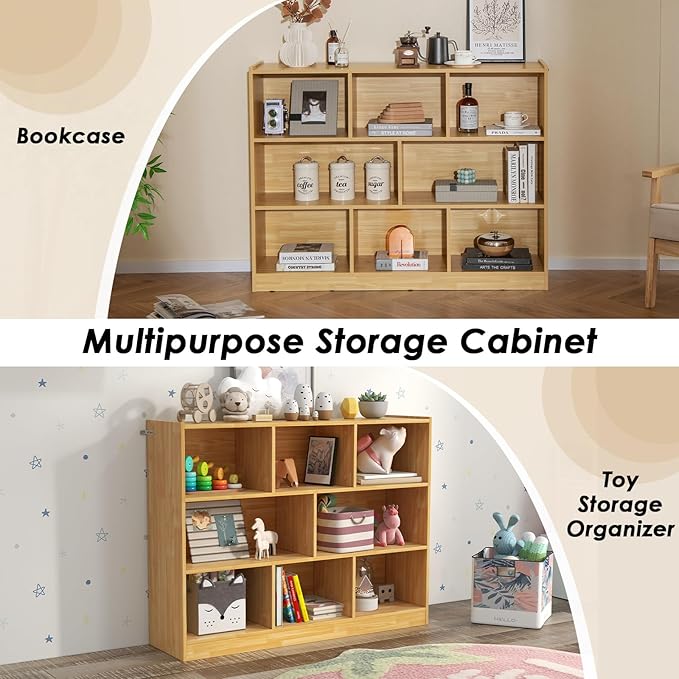 NAFORT 8-Cube Organizer Storage Cabinet, 3-Tier Bookshelf,Low Displaycase, Wooden Bookcase for Bedroom/Preschook/Classroom/Office, Burlywood