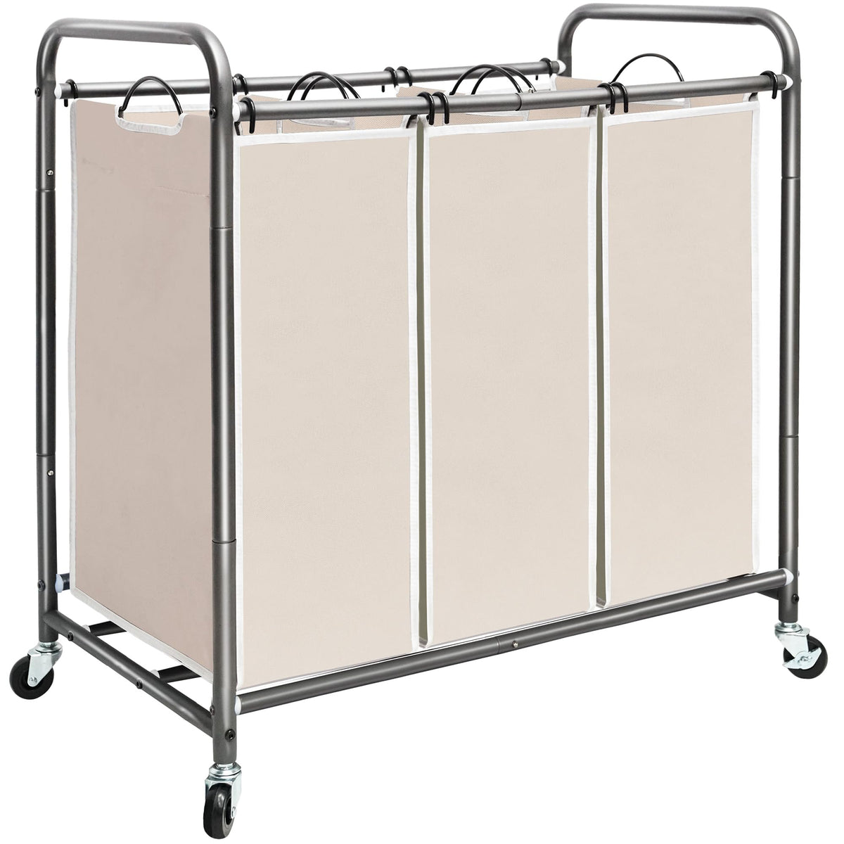 STORAGE MANIAC 3 Section Laundry Sorter, 35.6 Gal (135 L) Laundry Hamper Cart with Heavy Duty Rolling Lockable Wheels and Removable Bags, Clothes Organizer Basket Separator Hamper, Beige