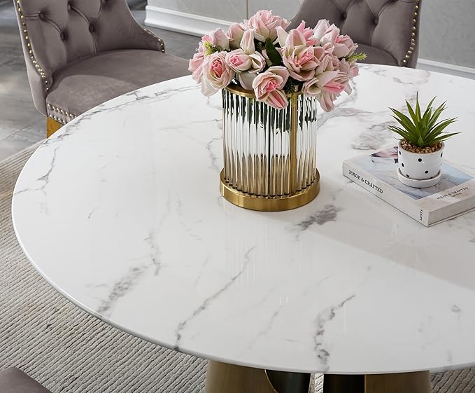 3-Piece Faux Marble Round Dining Table Set for 2, Modern Luxury Kitchen Table Set for 2 with Grey Tufted Chairs,Circle Dining Tables with White Marble Grain Top and Bronze Pedestal Base