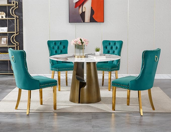5-Piece Faux Marble Round Dining Table Set for 4, Modern Luxury Kitchen Table Set for 4 with Green Tufted Chairs,Circle Dining Tables with Pandora Grain Top and Bronze Pedestal Base
