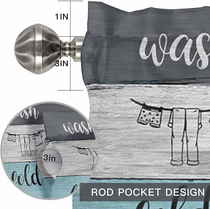 Laundry Rules Valances for Windows, Retro Blue White Wood Board Grain Kitchen