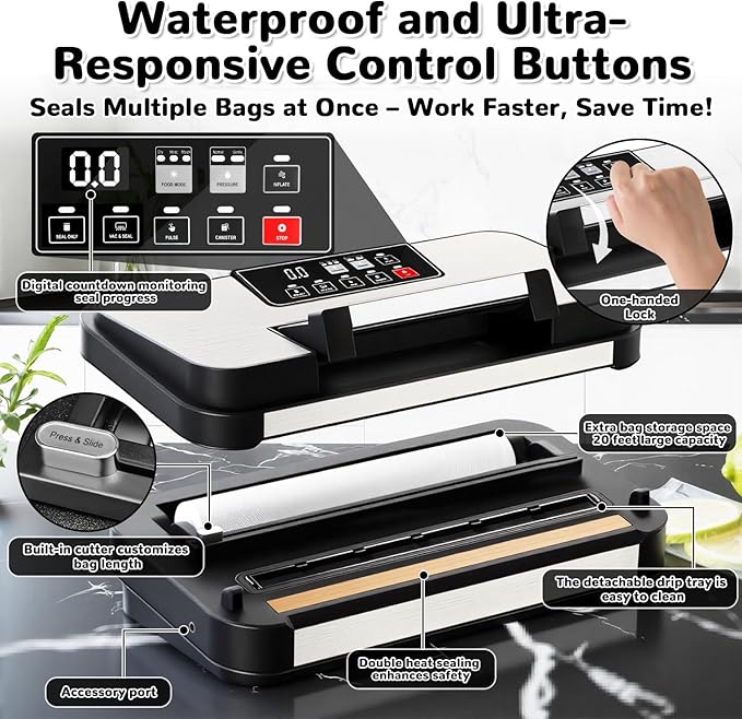 Vacuum Sealer Machine, 95Kpa Powerful Automatic Food Sealer, Built-in Cutter & Bag Storage, Progress Display, Easy-Lock Handle, for Dry Moist Food Preservation, Extend Freshness Longer