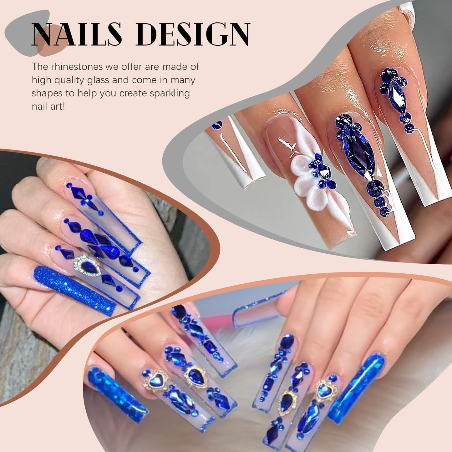 Royal Blue Glass Nail Rhinestones - 2680 Pcs Multi Shapes Flatback Gems + 2560 Pcs 1.5-4mm Round Crystal with Rhinestones Glue Gel for Nail Art
