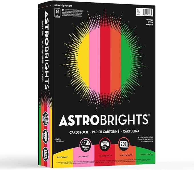 Astrobrights® Color Card Stock, 8 1/2" x 11", FSC® Certified, 65 Lb, Vintage Assortment, Pack Of 250 Sheets