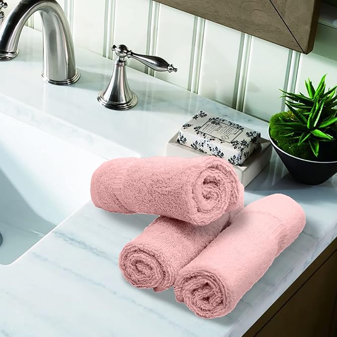 Luxury Hotel & Spa Quality, 100% Turkish Cotton 700 GSM Cloth, Towel, for Body wash, Makeup & Facial Cleaning, Baby, face, loofah, Dobby Border Soft washcloths Towel Set 13" X 13", Pink, Set of 12