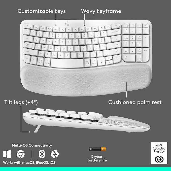 Logitech Wave Keys & Lift Vertical Mouse - Ergonomic Wireless Keyboard and Mouse Combo - with Cushioned Palm Rest, Easy-Switch, Bluetooth, for Multi-OS, Windows/Mac - Off-White