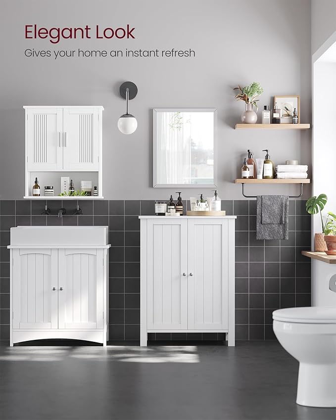 VASAGLE Floor Storage Cabinet, Freestanding Storage Unit with 2 Adjustable Shelves, for Bathroom Living Room Dining Kitchen, 11.8 x 23.6 x 31.5 Inches, Cloud White UBCB060WH01S