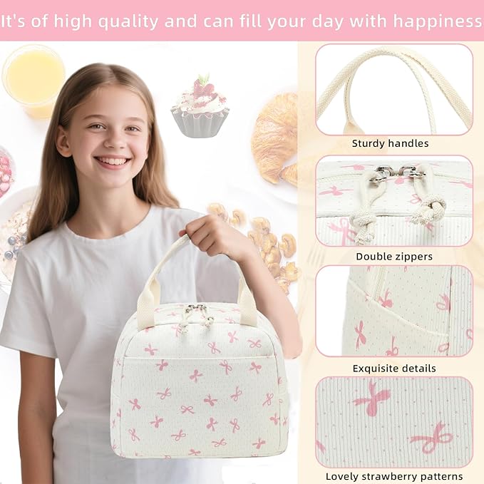 LEDAOU Lunch Box for Women Insulated Lunch Bag Corduroy Lunch Tote Bags Leakproof Cooler Lunch Case for Travel Work Picnic (Pink Bow)
