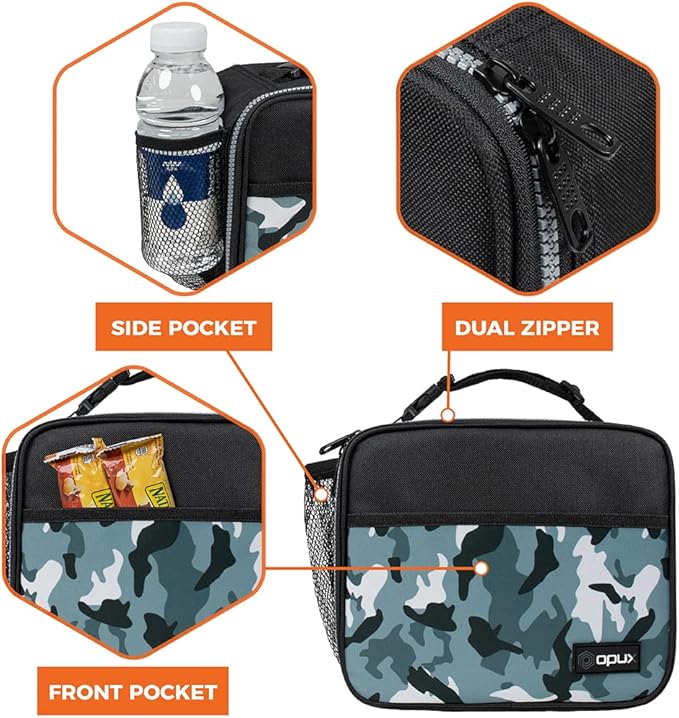 opux Insulated Lunch Bag Kids, Lunch Box for School Boy Girl, Leakproof Small Reusable Compact Soft Mini Cooler Bag, Toddler Small Lunch Boxes Kit Pail with Front Side Pockets (Camo Green)