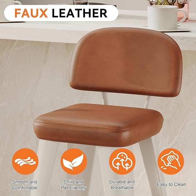 Aklaus PU Leather Metal Bar Stools 30 inch Faux Leather Bar Height Barstools Set of 2 Modern Farmhouse Bar Chairs with High Backs and Faux Leather Seat for Kitchen Island Dining Room White Brown