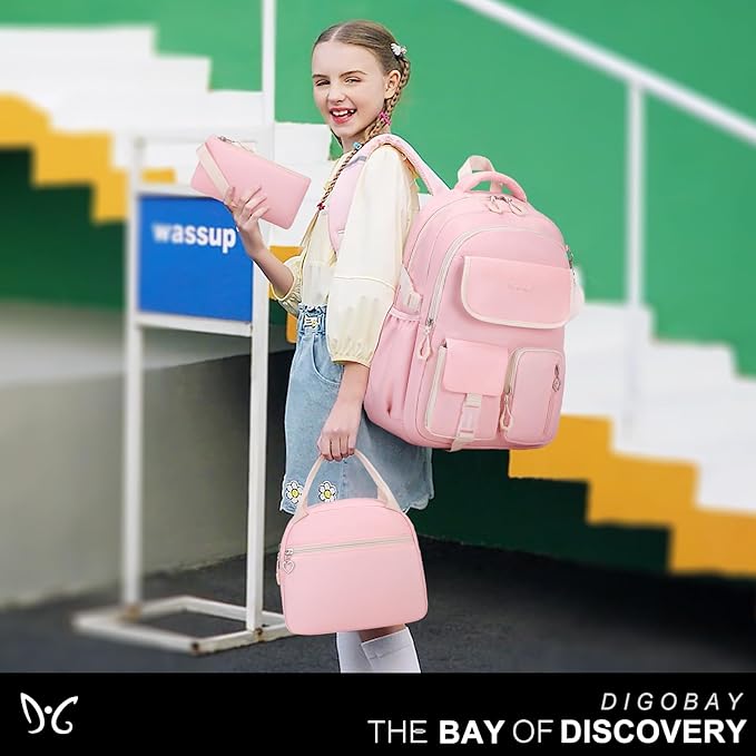 Backpacks for Girls, 3PCS School Backpack with Lunch Box Pencil Pouch for Teen Girls Kids Elementary Primary Middle High College School Bookbag Set （Pink）