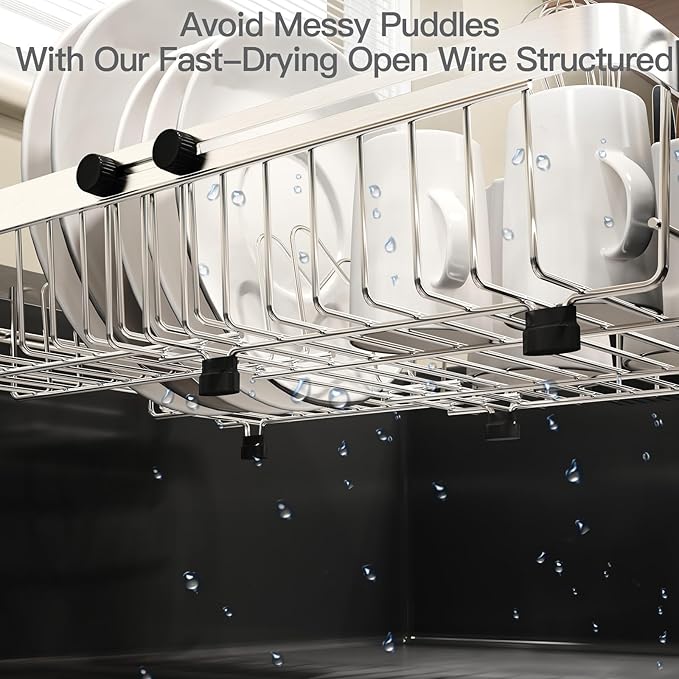 MAJALiS Expandable Stainless Steel Over The Sink Dish Drying Rack for Small Kitchen Counter Space Saving, Compact RV Plate Drainer Strainer in Silver Wire Metal with Hanging Adjustable Utensil Holder