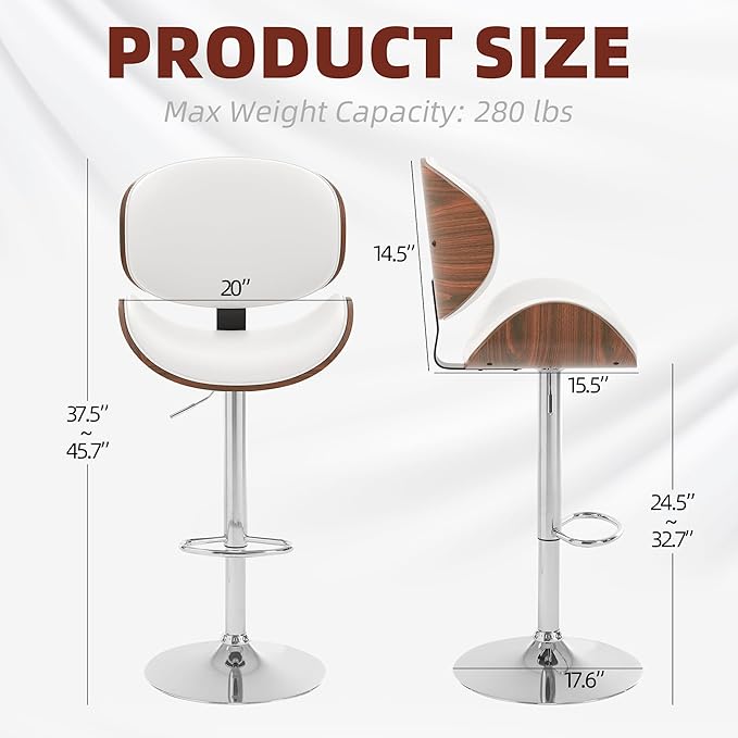 civama Bar Stools Set of 6 for Kitchen Counter, Adjustable Bar Height Chairs, Modern Swivel Barstools with Bentwood Seat and Back with Footrest for Kitchen Island, Dining Room, White PU Leather