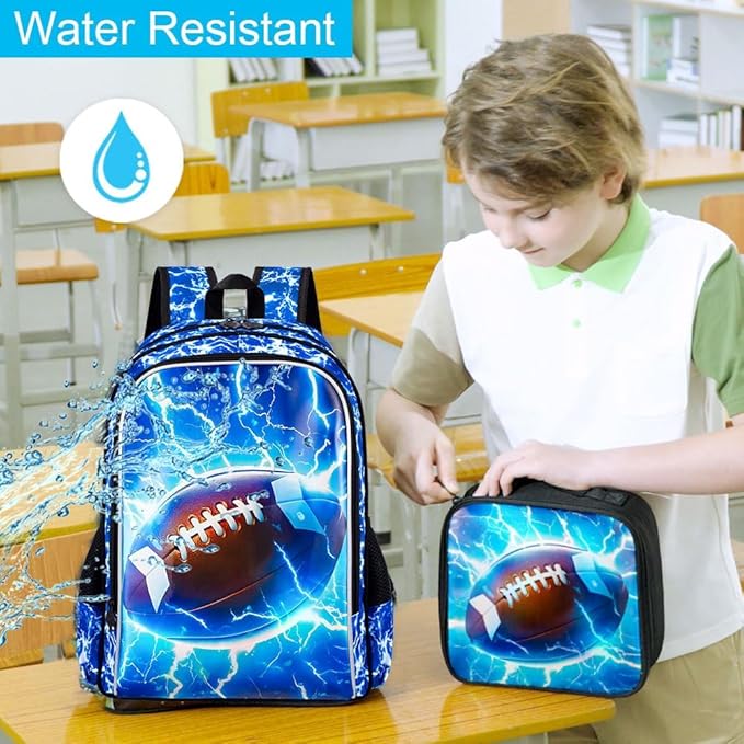 KLFVB 3PCS Kids Bookbag, 17" Boys Backpack and Lunch Box, Water Resistant Teenagers School Bag for Middle Elementary - Lightning Rugby