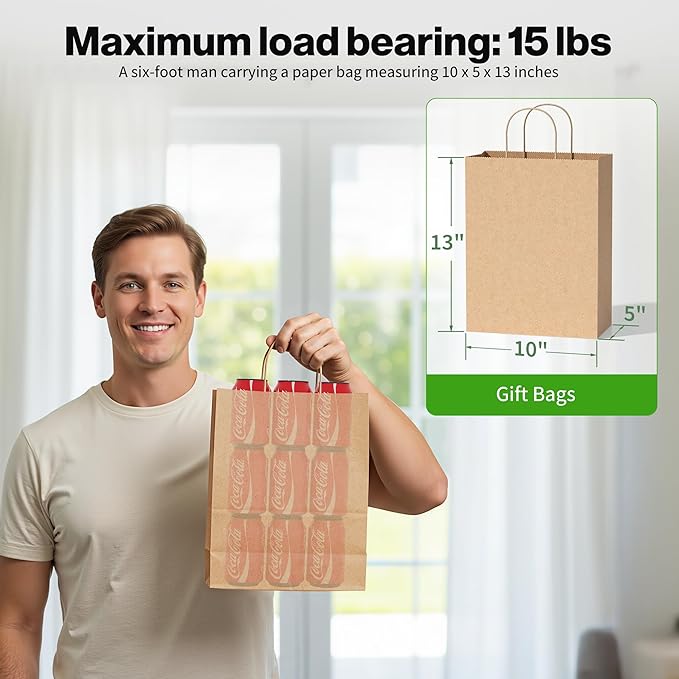 Simple Deluxe 100 Pack Kraft Paper Bags with Handles 10x5x13 - Made in USA -15 Lb Max Load - 100% Recycled Natural Brown Shopping Bags for Retail, Gifts & Merchandise (Premium 90GSM)