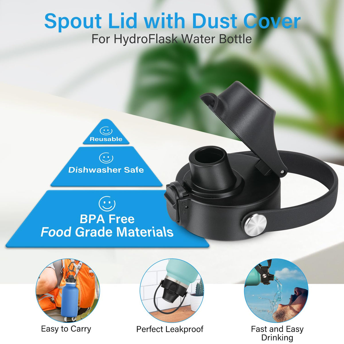 Auto Spout Lid for HydroFlask Wide Mouth Sport Water Bottles, Replacement Lid for Hydro Flask Wide Mouth 12, 16, 18, 32, 40, 64oz, Chug Lid with Flexible Handle, Button Lock, Black