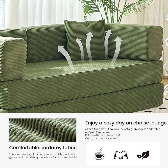 Folding Sofa Bed Convertable Corduroy Couch King Size Floor Sleeper 4-in-1 DIY Combination Modular Sofa Fold Out Futon Lounge Comfy Foldable Lazy cama for Living Room (Green, 70.86")