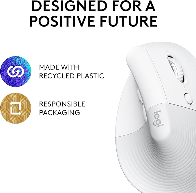 Logitech Lift Vertical Ergonomic Mouse, Wireless, Bluetooth or Logi Bolt USB Receiver, Quiet clicks, 4 Buttons, Compatible with Windows/macOS/iPadOS, Laptop, PC - Off White