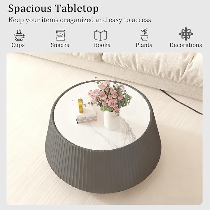 Round Coffee Table Set with Sintered Stone Tabletop, 26.77" Grey Drum Center Table and 19.68" Grey Coffee Table Set, 2 Pieces Living Room Table Set with Fluted PU Leather Cover& Stable Base