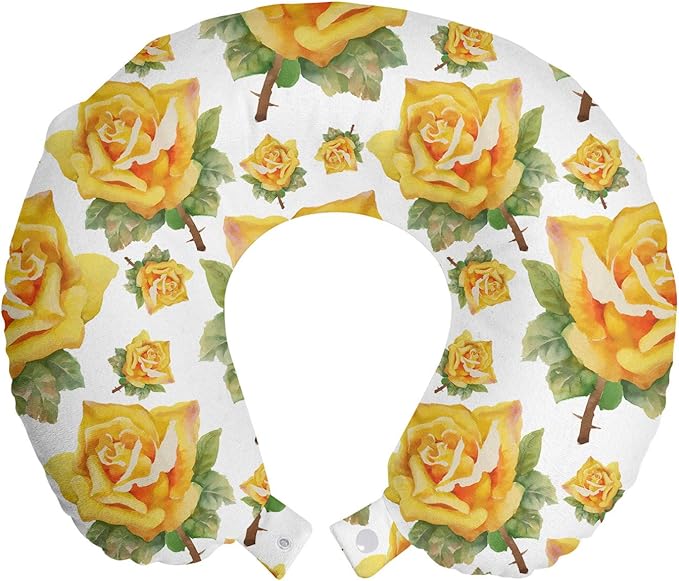 Ambesonne Rose Travel Pillow Neck Rest, Botanical Pattern with Roses Natural Beauty Theme Aquarelle Summer Bouquet, Memory Foam Traveling Accessory for Airplane and Car, 12", Green Yellow
