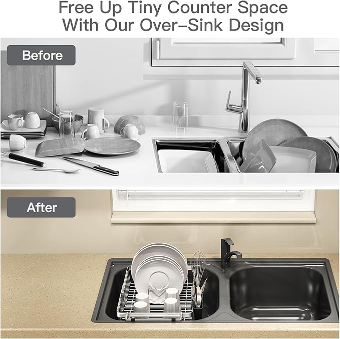 MAJALiS Expandable Stainless Steel Over The Sink Dish Drying Rack for Small Kitchen Counter Space Saving, Compact RV Plate Drainer Strainer in Silver Wire Metal with Hanging Adjustable Utensil Holder