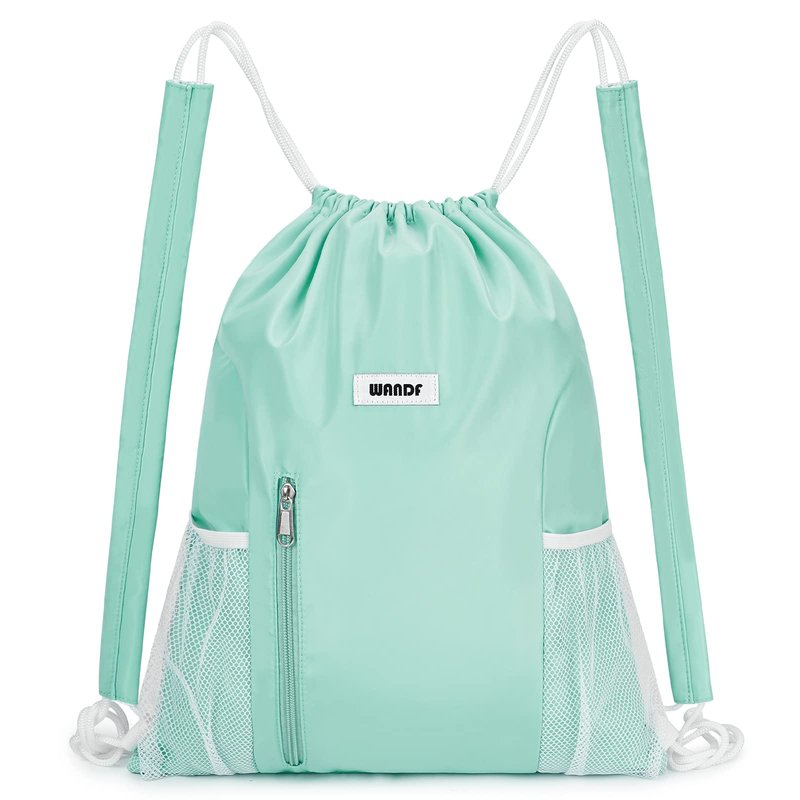 WANDF Drawstring Backpack with Shoulder Pad Sports Gym Backpack with Mesh Pocket String Bag for Women Men(Mint green)