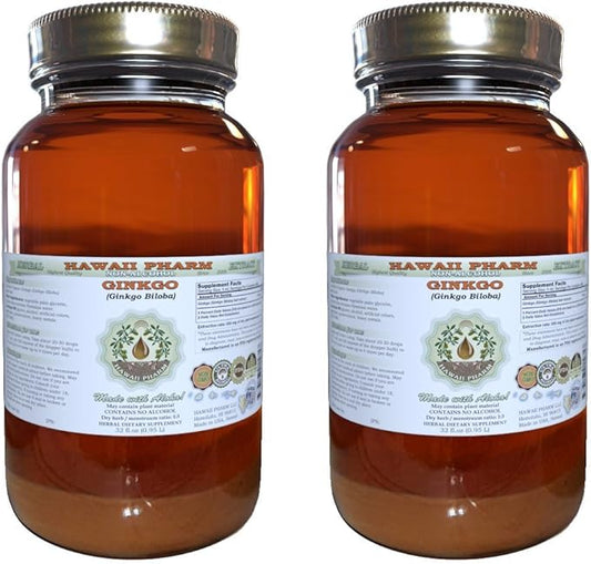 Ginkgo Alcohol-Free Liquid Extract, Organic Ginkgo (Ginkgo Biloba) Dried Leaf Glycerite Hawaii Pharm Natural Herbal Supplement 2x32 oz Unfiltered