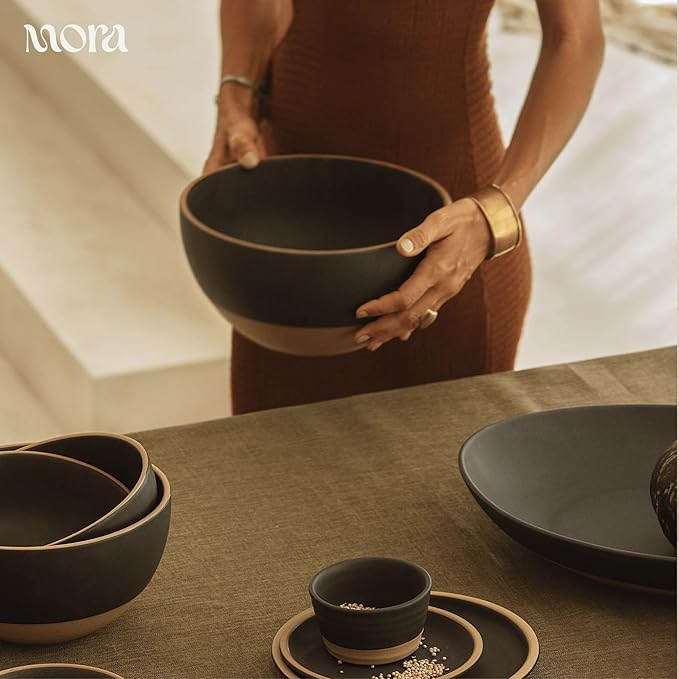 MORA Mega and Giant Bowls Set of 2, 5.5 and 3.5 Qt Ceramic Pottery Mixing Bowls - Microwave and Dishwasher Safe - Liquorice
