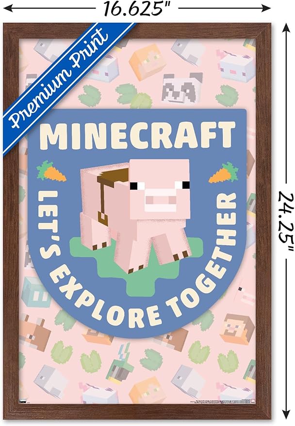 Trends International Minecraft - Let's Explore Together Wall Poster, 22.4L x 14.7W, Mahogany Framed Version