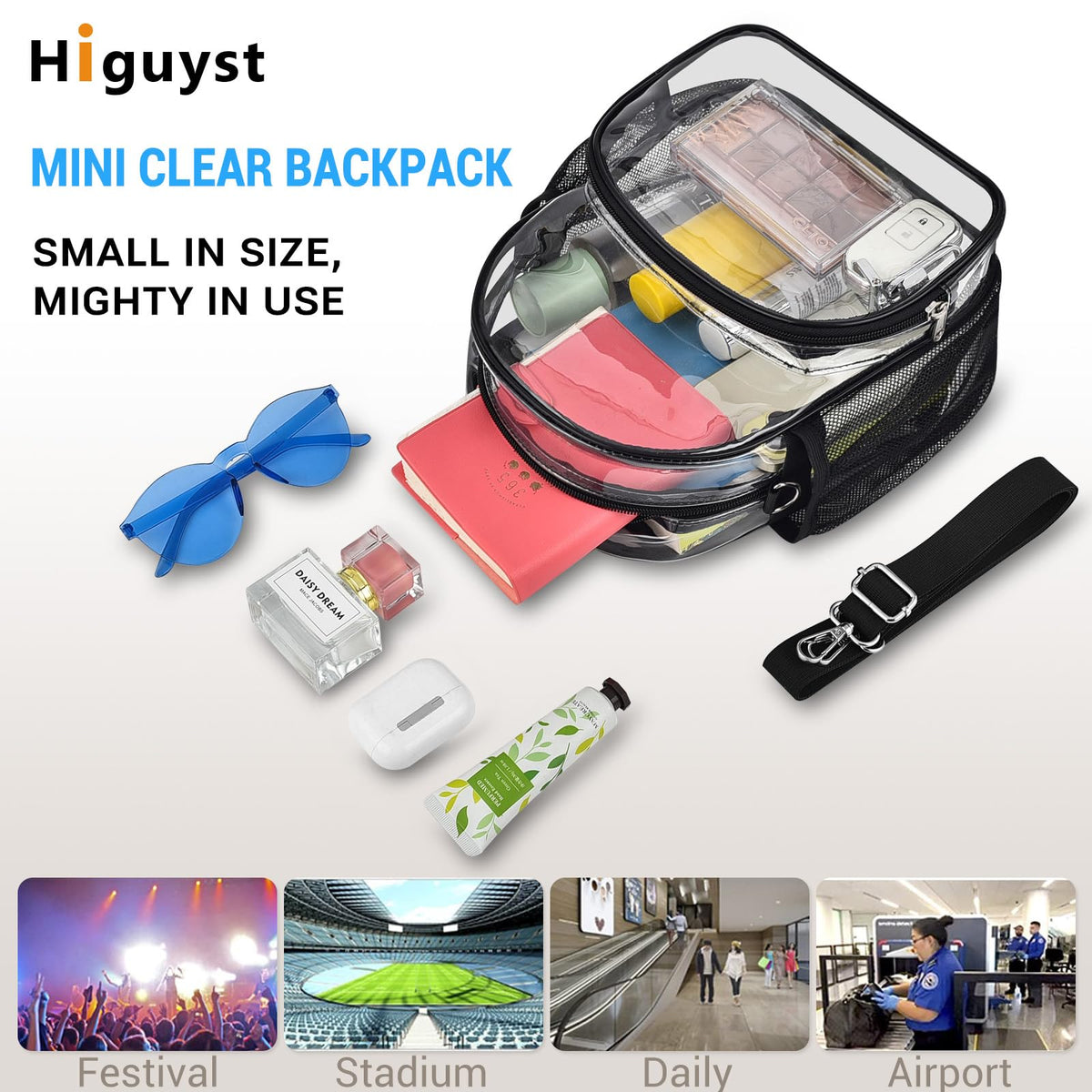 Higuyst Small Clear Backpack for Women - Concerts, Stadium Events Convertible Crossbody Bag with Side Mesh Pockets