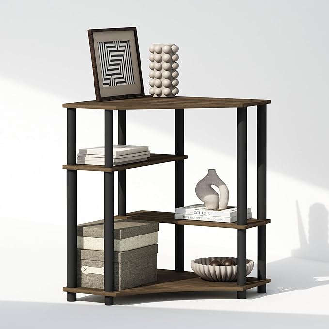 Furinno Turn-N-Tube Storage Shelves, 4-Tier Corner Shelf, Display Rack, Corner Bookshelf, for Organization and Storage, Living Room, Home Office, Columbia Walnut