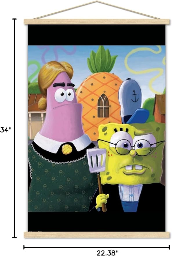 Trends International Nickelodeon Spongebob - American Gothic Wall Poster, 22.375" x 34", Premium Print and Beechwood Hanger Bundle