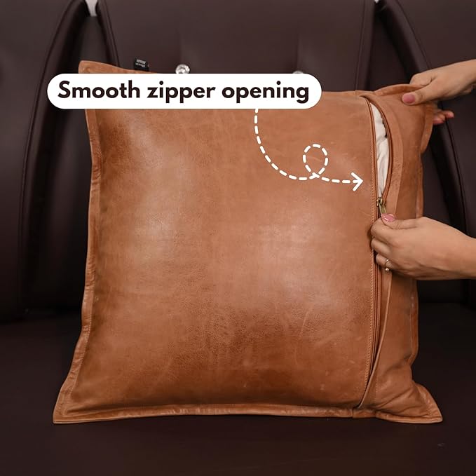 D DOLLY LAMB Lambskin Leather Pillow Cover - Sofa Cushion Case - Decorative Throw Covers for Living Room & Bedroom, 14x14 Inches - Antique Brown Box Pack of 1