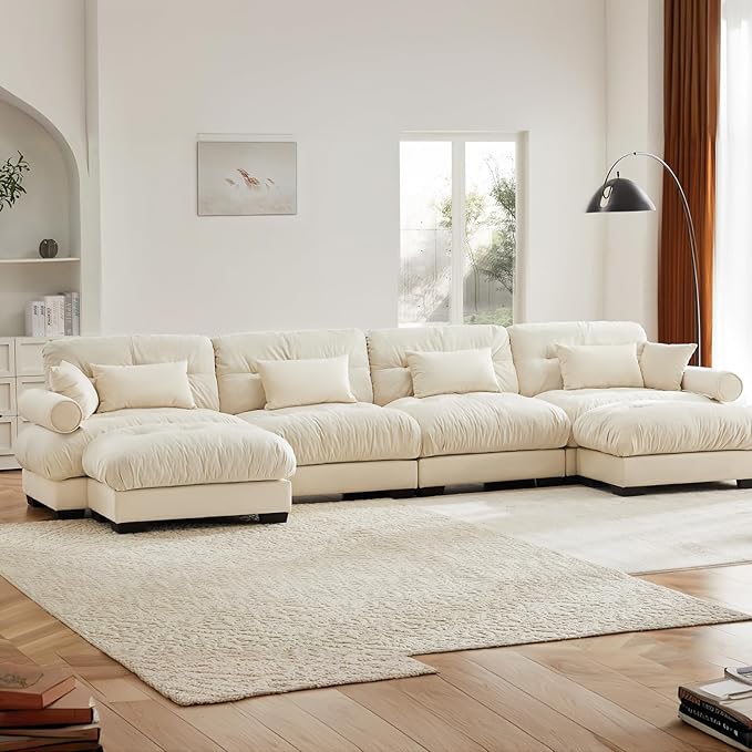 Beige White Ottoman for Modular Sectional Sofa, Single Sofa, Ottoman Seat for Convertible Sectional, Velvet Sofa Couch for Living Room, Bedroom, Apartment
