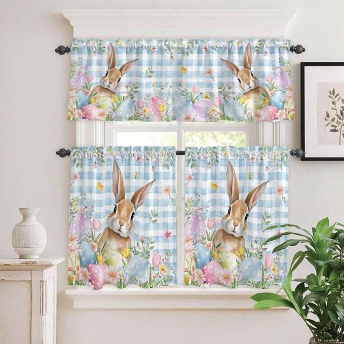 Kitchen Curtains Tiers and Valance Set of 3, Easter Light Filtering Window