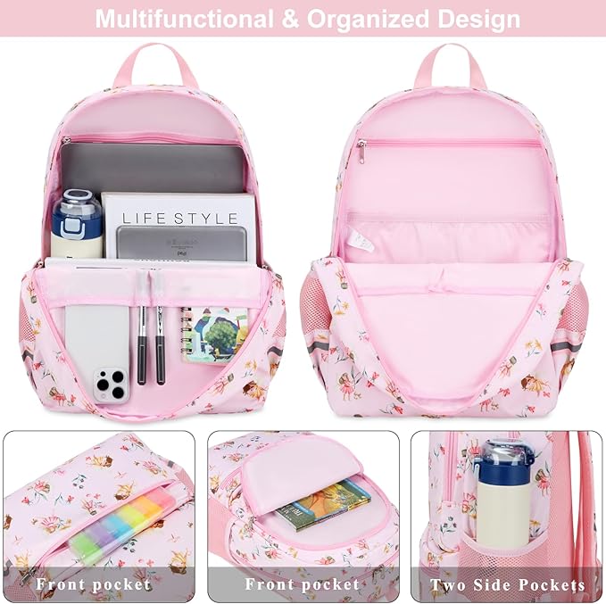 DSIUE Kids Backpack for Girls Elementary BookBags Teens School Backpack with Lunch Box Flower Fairy Pink