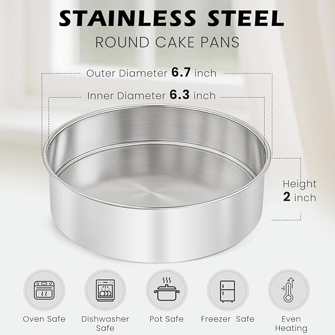 tutikuki 6 Inch Cake Pan - 3PCS Stainless Steel Smash Cake Baking Pans Tins, Round Bakeware for Party Birthday Wedding, Mirror Finish & Dishwasher Safe