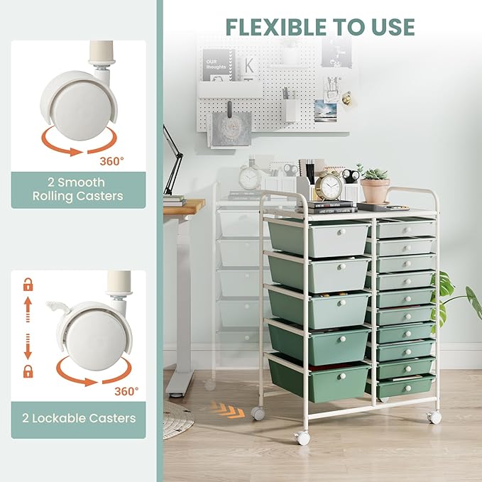 COSTWAY 15 Drawer Rolling Storage Cart, Mobile Utility Cart with Lockable Wheels, Drawers, Multipurpose Organizer Cart for Home, Office, School, Gradient Green