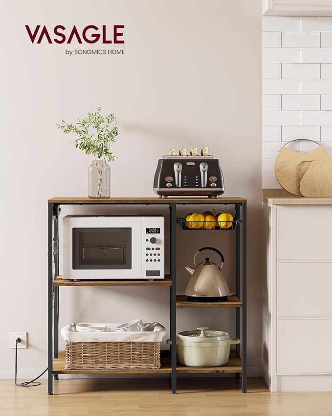VASAGLE Baker's Rack, Coffee Bar Stand with Charging Station, 35.6 Inches Tall, Storage Shelves, Pull-Out Wire Basket, Table for Microwave, Kitchen, Honey Brown and Ink Black UKKS036K41
