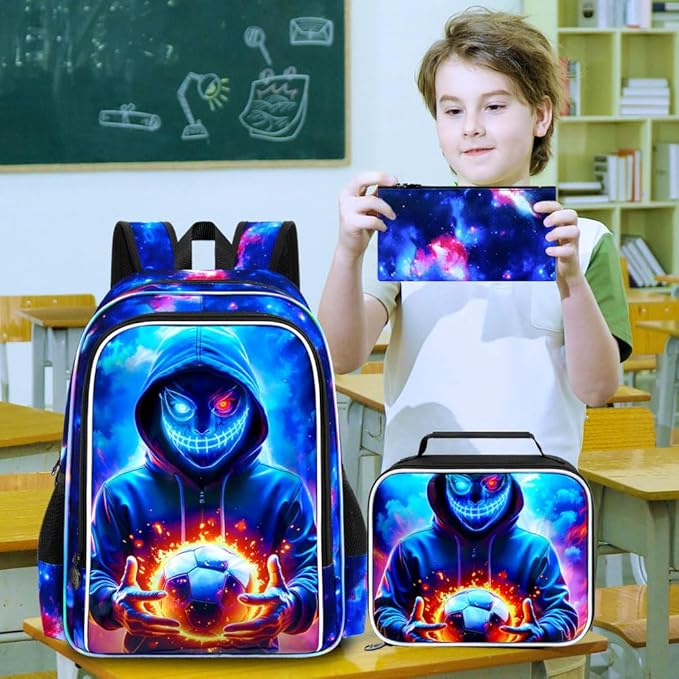 KLFVB 3PCS Boys Bookbag, 17" Kids Football Backpack and Lunch Box, Water Resistant School Backpack for Teenagers Middle Elementary - Demon Soccer