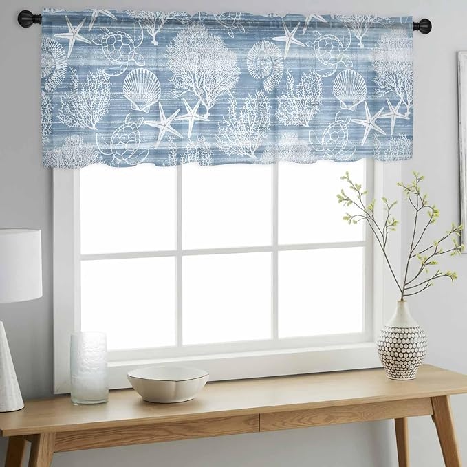 Haze Blue Retro Summer Sheer Valance Curtains, Sea Turtle Starfish Coral Ocean
