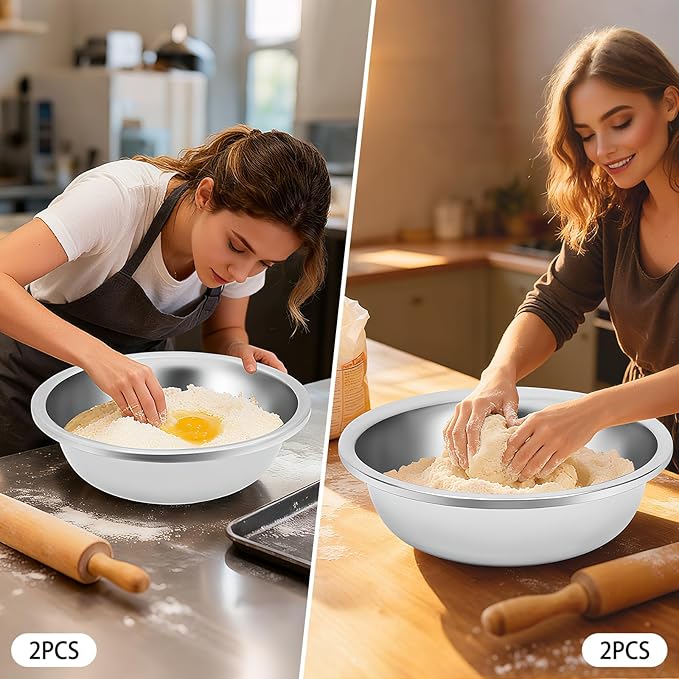 2 Pcs Stainless Steel Mixing Bowls, 18.9x5.91/16.93x5.91 In Large Stainless Steel Mixing Bowl Efficient Cleaning Salad Bowls Ideal for Tossing Salads Kneading Dough Marinating