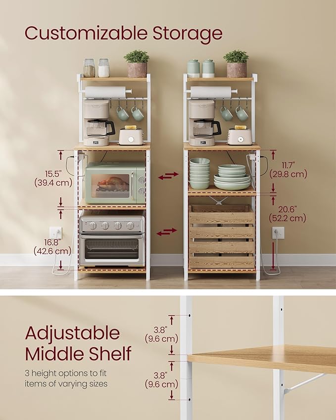 VASAGLE Kitchen Bakers Rack with Power Outlet, Coffee Bar 4-Tier with 8 S Hooks, Microwave Stand, Adjustable Shelf, for Small Spaces, 15.7 x 17.7 x 55.1 Inches, Golden Oak and Cloud White UKKS013YA01