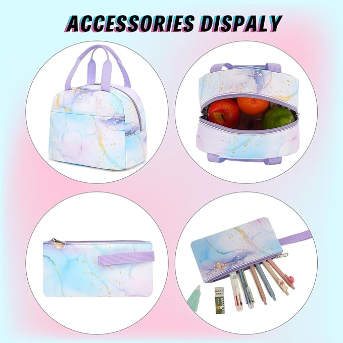 School Backpack for Girls 3Pcs Set Elementary Middle School Book Bags with Lunch Box Pencil Case